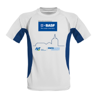 Laufshirts Contrast weiß/royalblau mit Sublimatonsdruck bedruckt für die Uni Aachen.